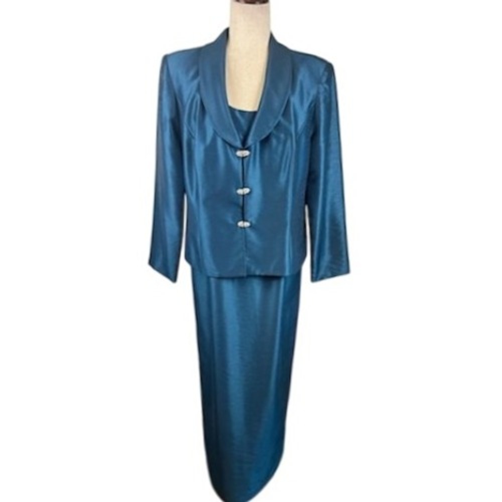 Karen Miller New York Teal Blue Skirt Suit Set Formal Evening Wedding Size 14